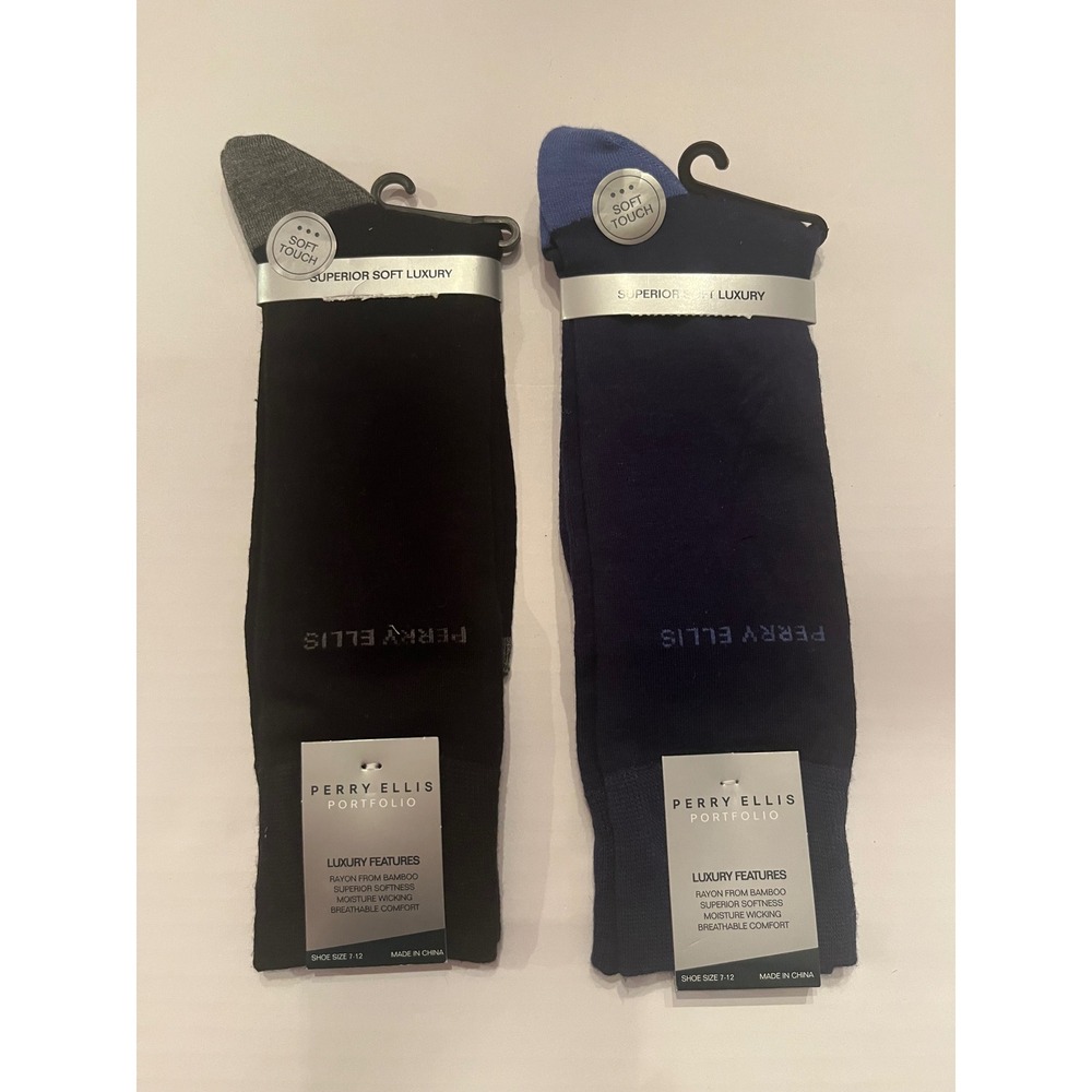Perry Ellis Portfolio 2 Pair Superior Soft Luxury Socks Black Blue Size 7-12